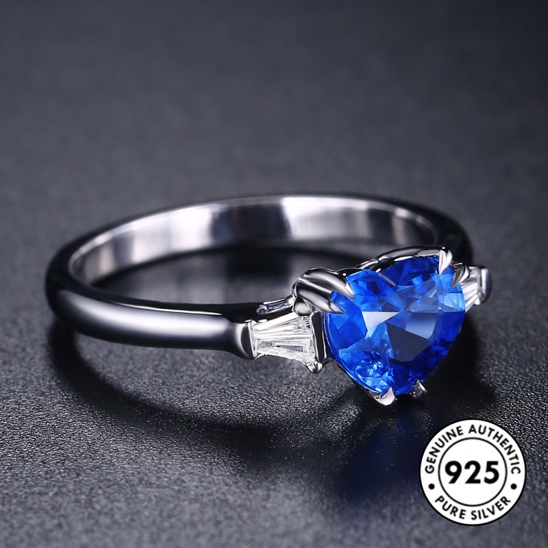 Cincin Sapphire Bentuk Hati Bahan S925 Silver Gaya Klasik Elegan