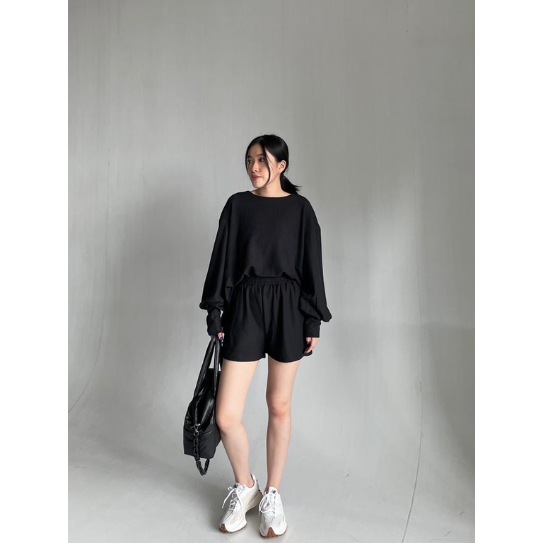 JOANA - Monday Knit Set Wafer/Setelan Celana Pendek Wanita/Setelan Lengan Panjang/Setelan Santai/Set