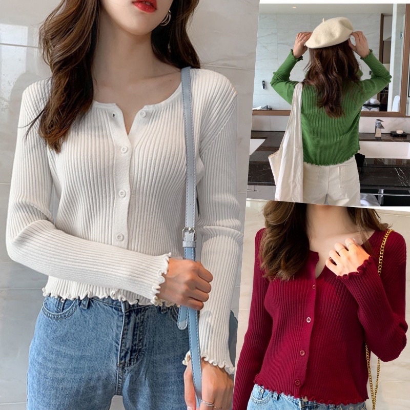 Knit Cardigan Crop Top Tangan Panjang