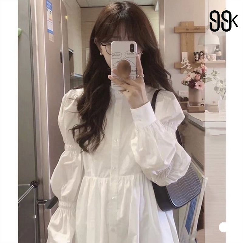 [S.T] Women White Long Sleeve Spring And Autumn Korean Midi Dress Gaun Wanita Lengan Panjang 2827 (S-XL)