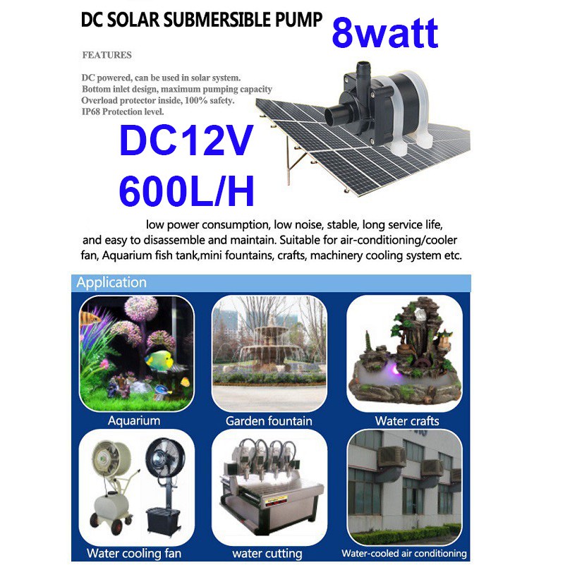 Solar Mini Submersible Water Pump u/ Air Cooler 12V DC pompa air celup