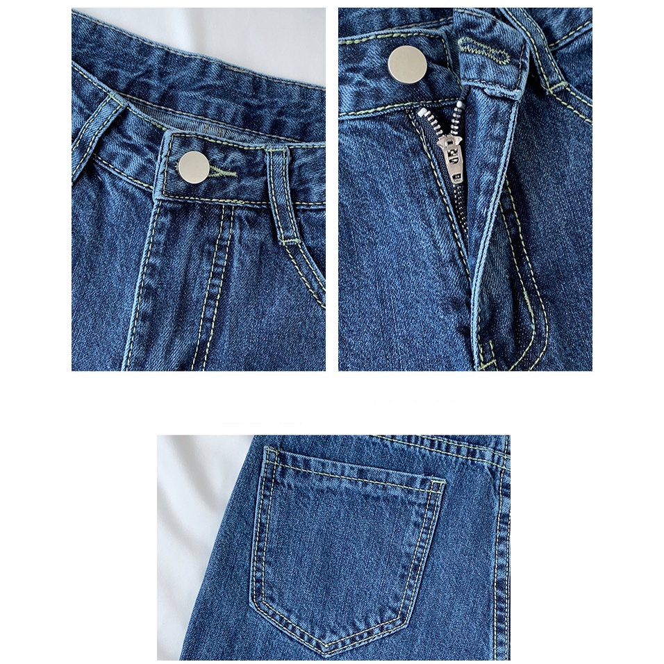 Denim Celana / High Waist Straight Celana Jeans Panjang Wanita Import（realpict）