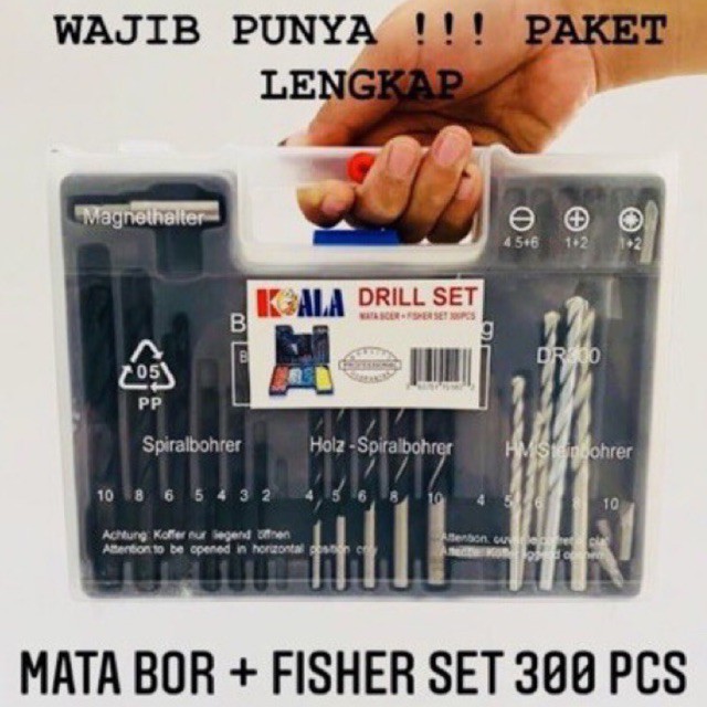 PAKET LENGKAP! Mata Bor Set 300pcs KOALA - Bor Besi Bor Beton Bor Kayu Mata Obeng Penahan Skrup S5 S6 S8 S10 KOALA