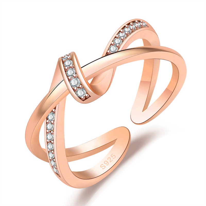 Cincin Model Terbuka Desain Silang Bahan Zirkon Warna Rose Gold Gaya Korea Untuk Wanita