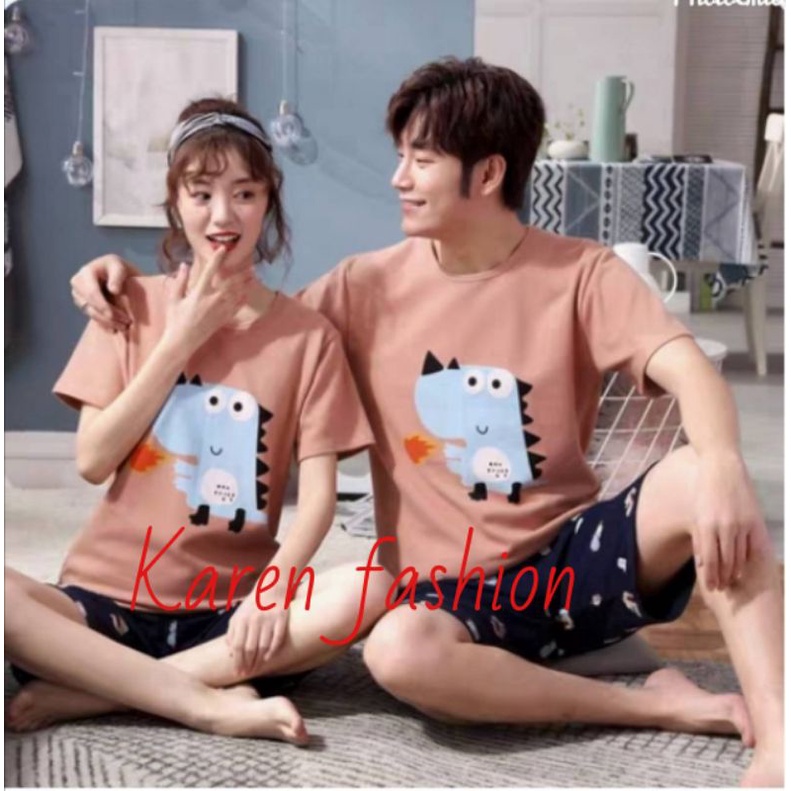 Baju tidur piyama kaos setelan pendek couple pasangan import DINO