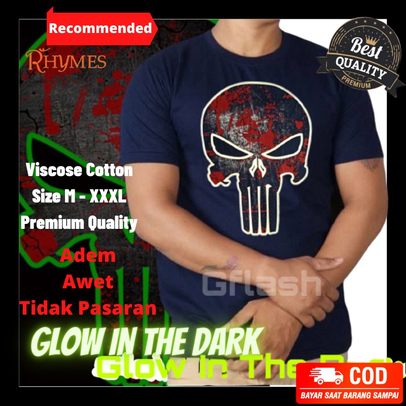 Kaos Pria Punisher New Glow in the dark Baju Tshirt Rhymes Big Size Tengkorak Jumbo XXXL