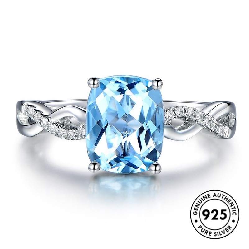 Cincin Sterling Silver 925 Hias Batu Aquamarine Elegan Untuk Wanita