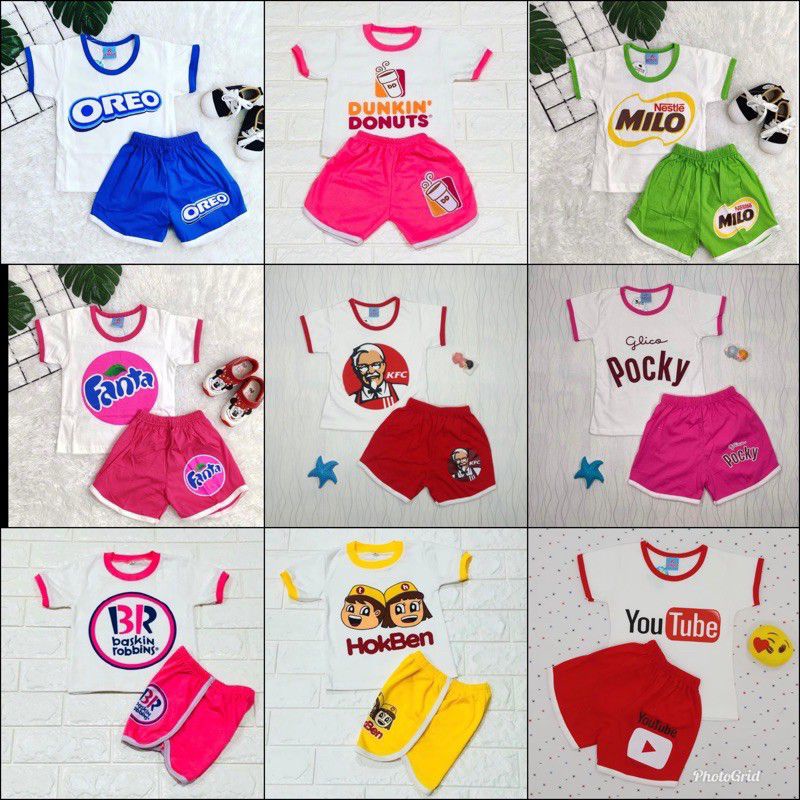 SETELAN BAJU ANAK SET KAOS KATUN UNISEX USIA 1-7 TAHUN HOTPANTS OREO MILO FANTA MCDONALD'S CHUPA CHU
