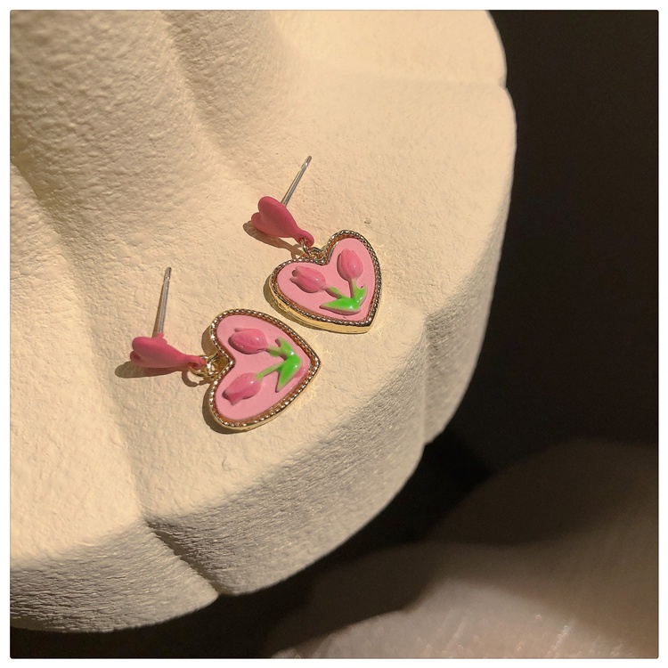 Anting Bentuk Hati Tulip Warna Pink Gaya Retro Korea