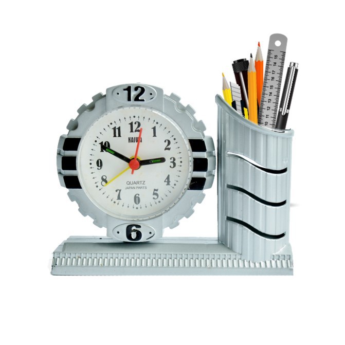 Jam Weker Jam Meja Alarm Clock Ada Tempat Pensil ATK Free Baterai Warna Silver A35