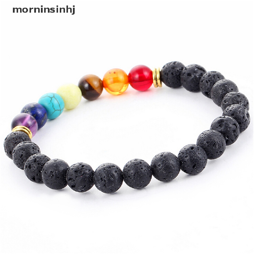 Mornin 1pc Gelang Tangan Manikmanik Batu Lava Rock Reiki 7 Chakra Untuk Wanita