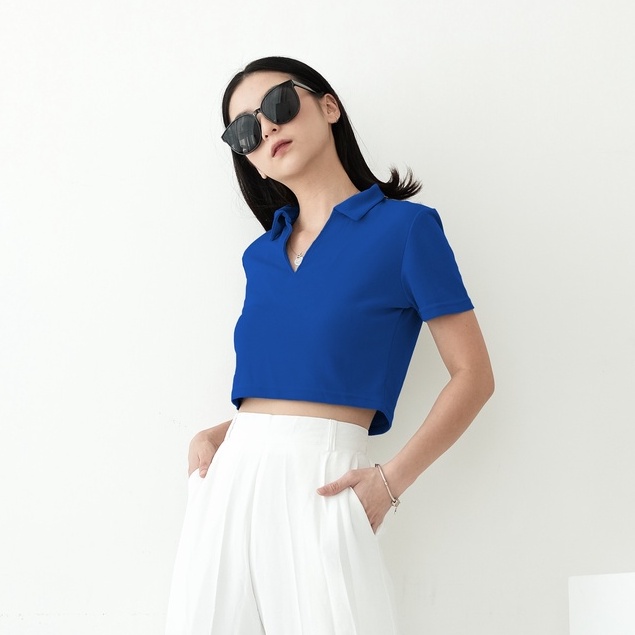 [TAVIA] JIRO KNIT POLO / BAJU CROP WANITA / KAOS CROP WANITA-Rich Blue