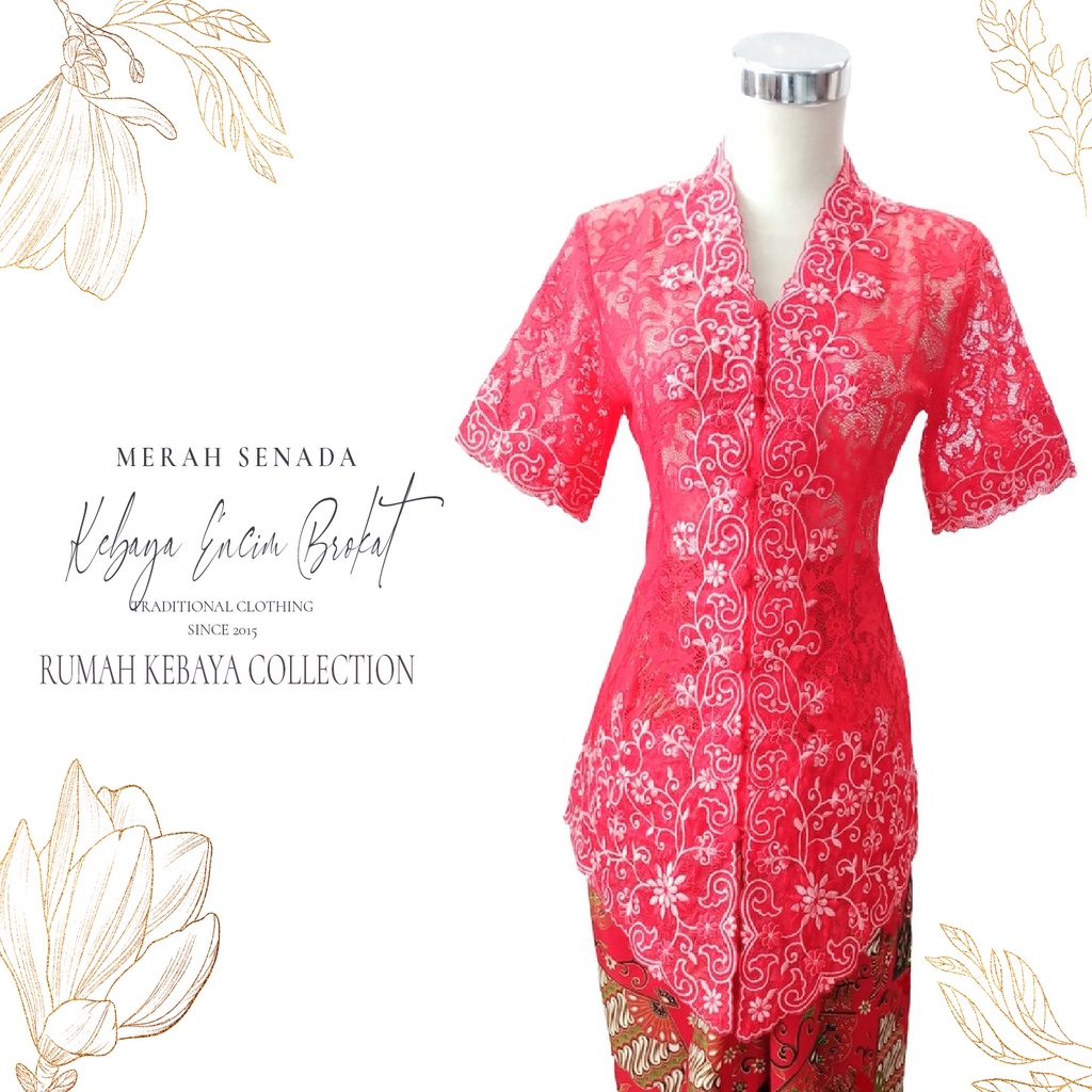 Kebaya Encim Brokat Kartini Modern Tangan Pendek Merah Delima