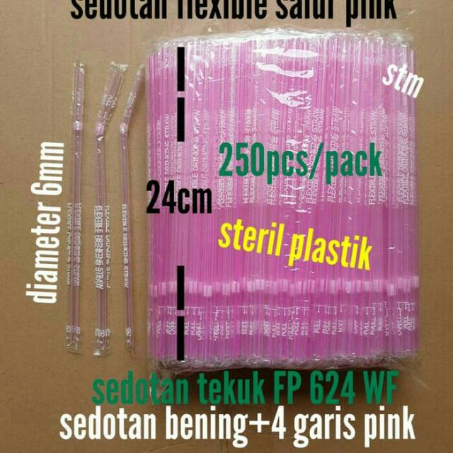 ISI:250PCS  Sedotan Steril Pink Bengkok Bungkus / Tekuk Plastik PINK