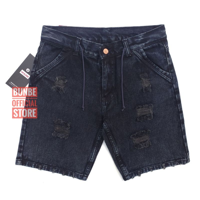 Bunbe - Celana jeans pendek sobek pria snow wash acid premiun