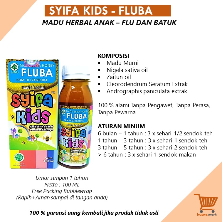 Madu Anak Syifa kids FLUBA Original [Flu dan Batuk] - Obat Herbal Flu dan Batuk Anak SyifaKids 100 ml