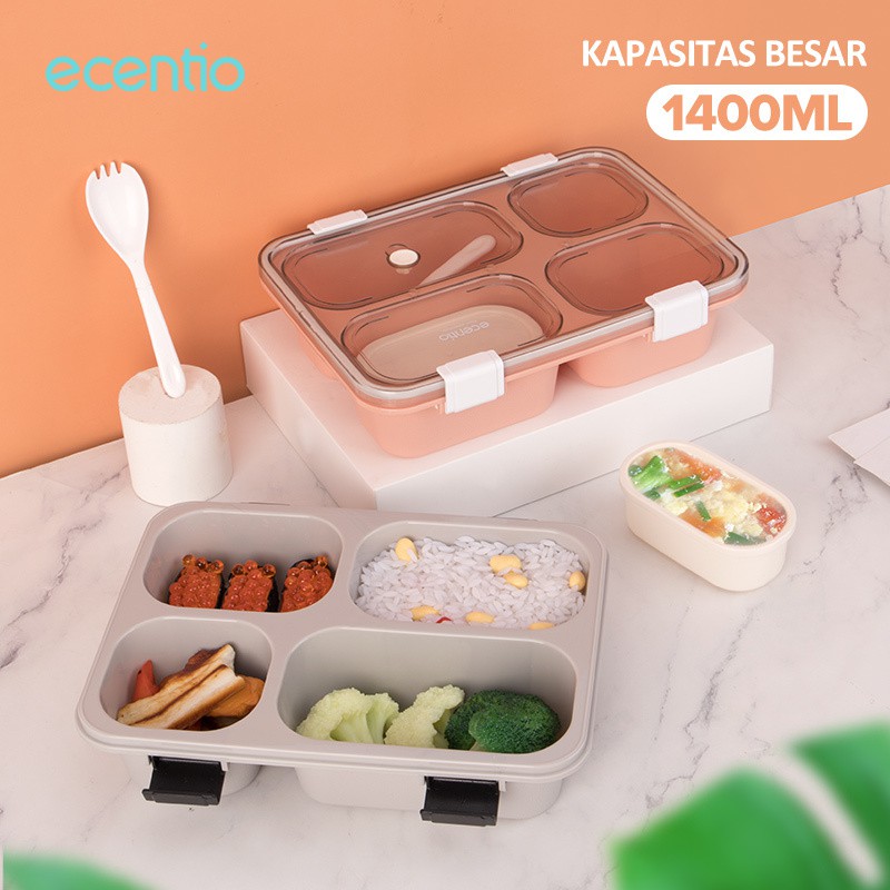 ecentio kotak makan 1300ml siang empat kotak/gratis kotak sup + sendok/4 gird lunchbox tahan bocor