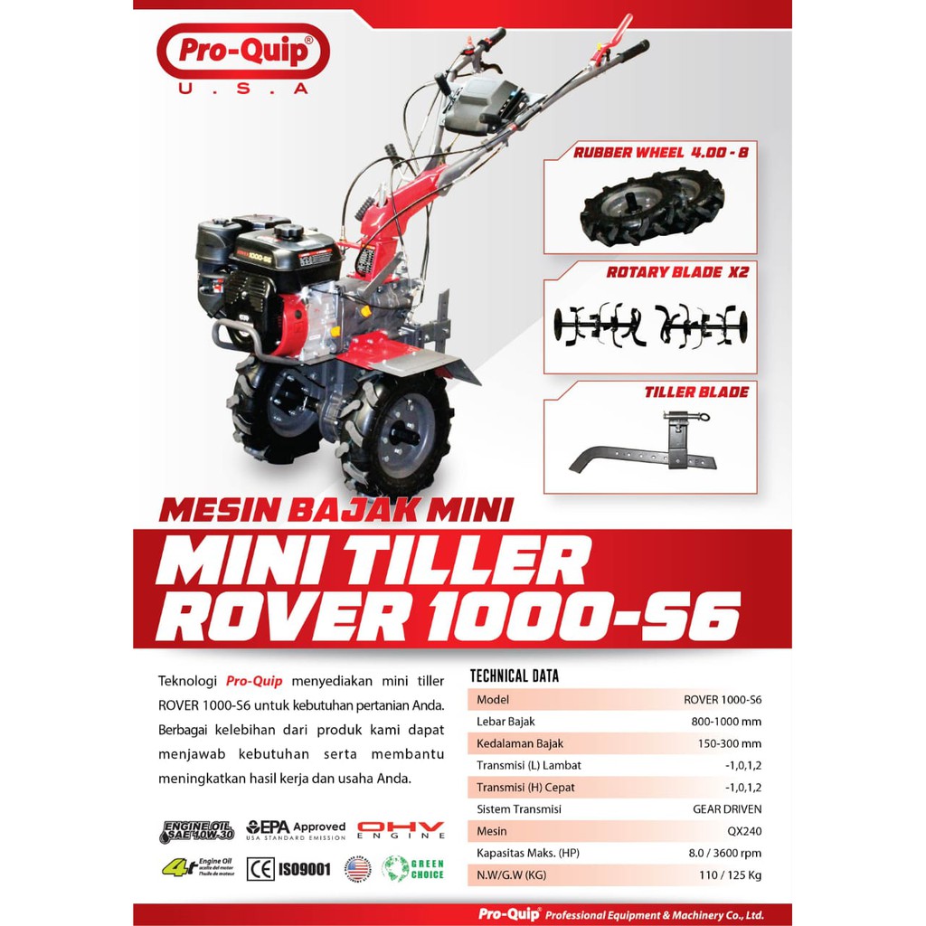 Mesin Bajak Mini Proquip Rover1000-S6 / Mini Tiller Proquip Rover 1000S6 Cultivator Mini Proquip