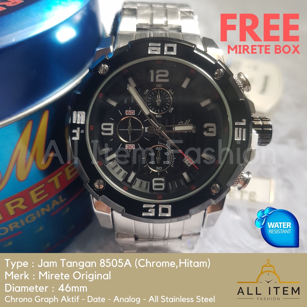 Jam Tangan Chrono Rantai MIRETE 8505A / Jam Tangan Pria Anti Air ORI /Arloji / Watches (FREE BOX)