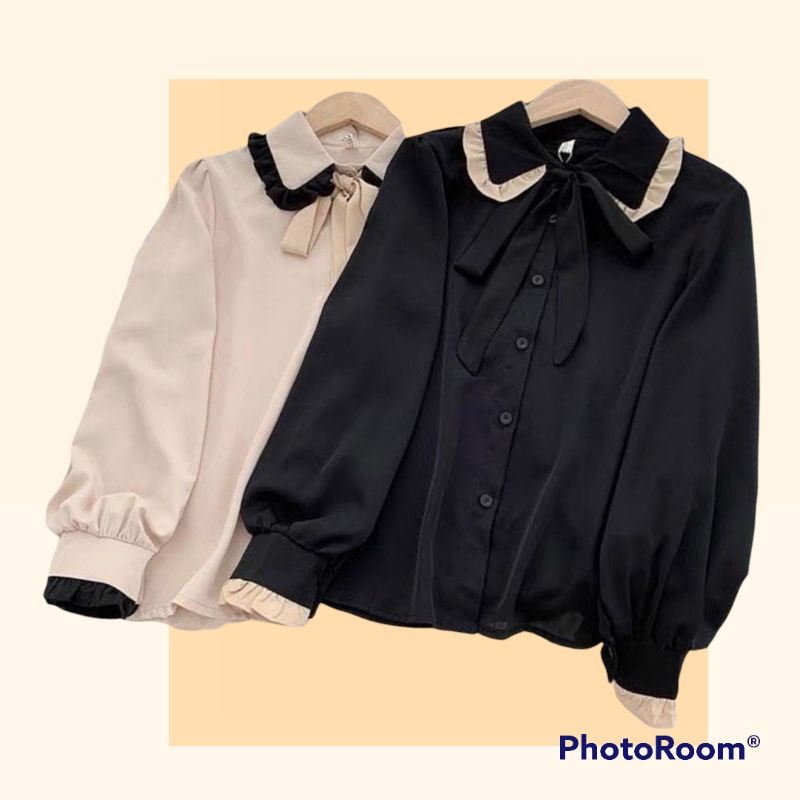 Reisa Baju Atasan Blouse Kemeja Wanita Casual Korean Style Kekinian Hitam Lengan Panjang Sisters Korea Import Polos Balon Murah Crop Terbaru Perempuan-2