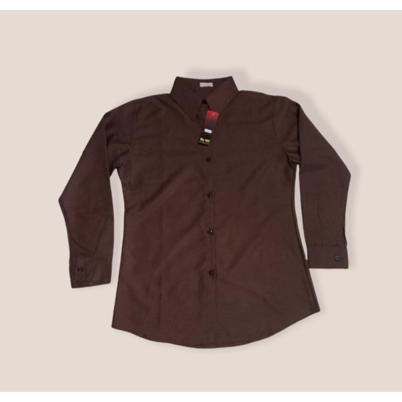 Kemeja Basic Toyobo Wanita Polos Lengan Panjang Model Terbaru  kekinian-Coklat tua