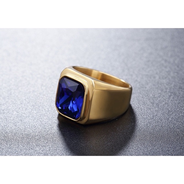 Cincin Pria Titanium 316L Gold Batu Akik Safir Biru Blue Saphire Octagon Minimalis High Quality