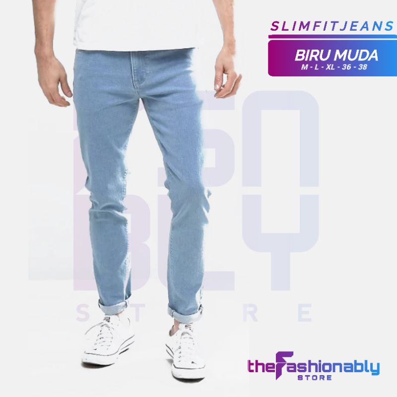 Celana Jeans Slim Fit Pria Biru Muda