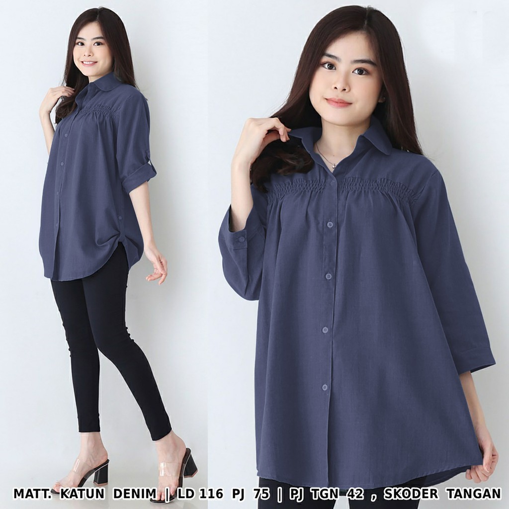 F&F [COD] + [GRATIS ONGKIR] Blouse Jumbo XXXL / Blouse Denim Karet / Blouse Big Size / Atasan Jumbo-Biru Tua