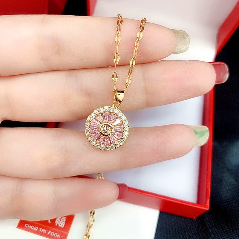 (Bisa berputar) Kalung Rantai Baja Titanium 100% Wanita, pink lucky round pendant dengan berlian, choker fashion Korea grosir