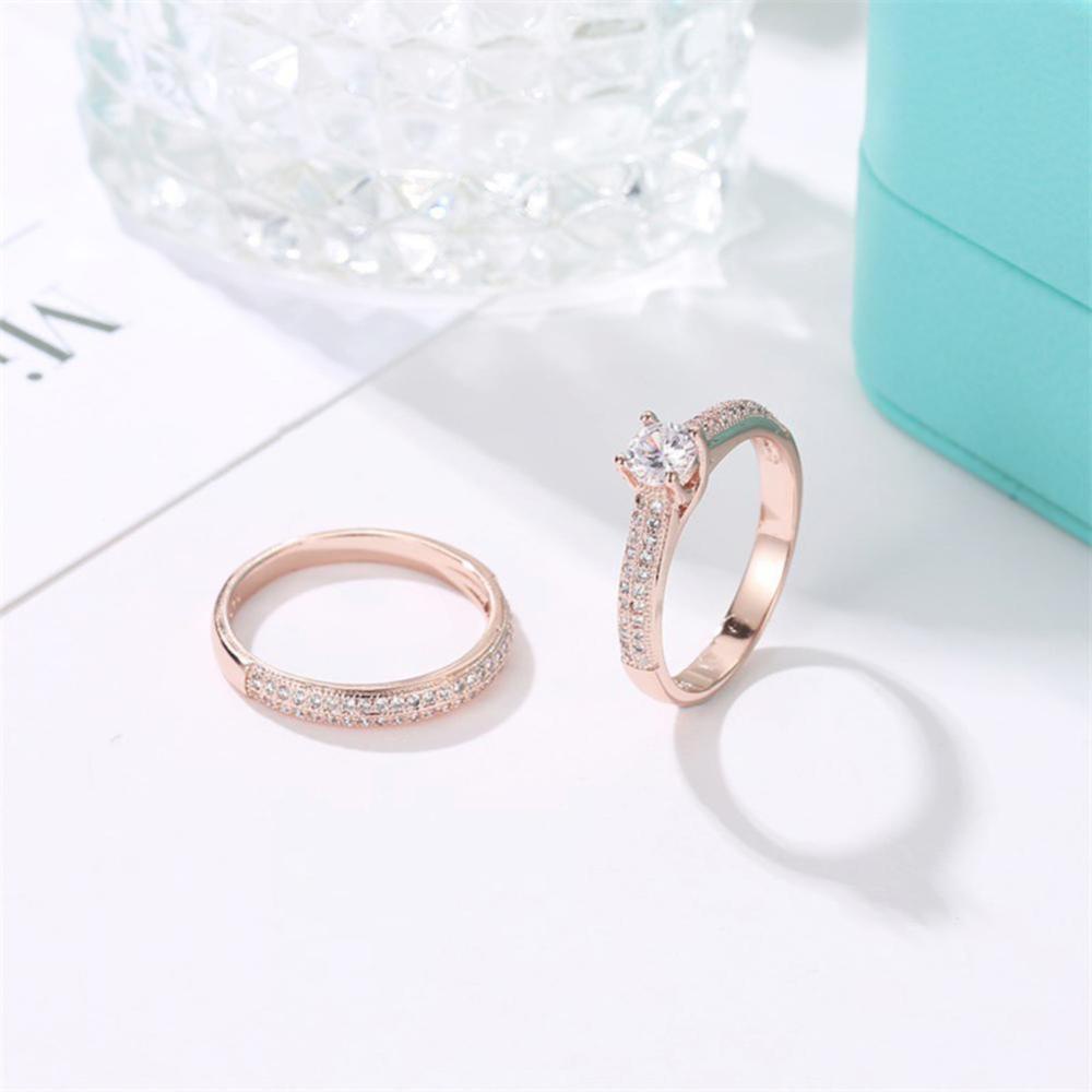 Timekey 2Pcs / Set Cincin Wanita Hias Zircon Gaya Klasik Untuk Pertunangan / Pernikahan A8K9