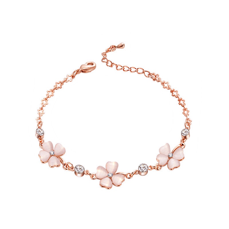 Gelang Tangan Rantai Silver 925 Aksen Bunga Clover Hias Kristal Pink Untuk Wanita