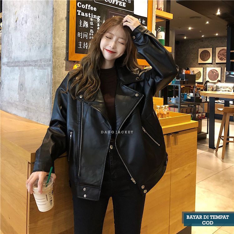 Jaket Kulit Oversize Leather Jacket Women Wanita Korean Jumbo Oversized Crop Asli Garut Original Pre