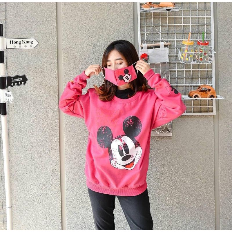 sweater mickey mouse + masker | flece tebal fleece 550gr | oblong Mickey mouse blouse mickey