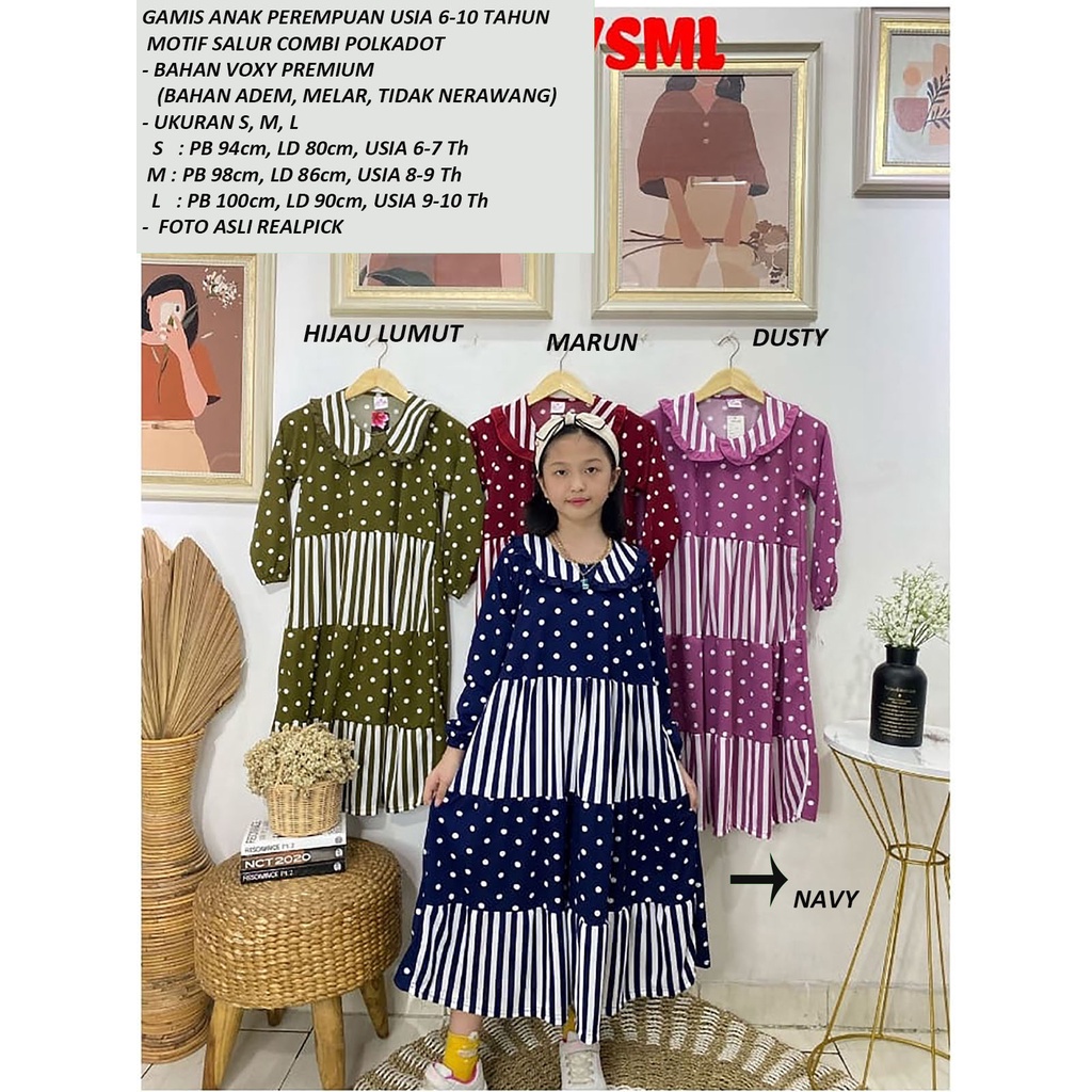 GAMIS ANAK PEREMPUAN USIA 6 - 10 TAHUN MOTIF SALUR COMBI POLKADOT