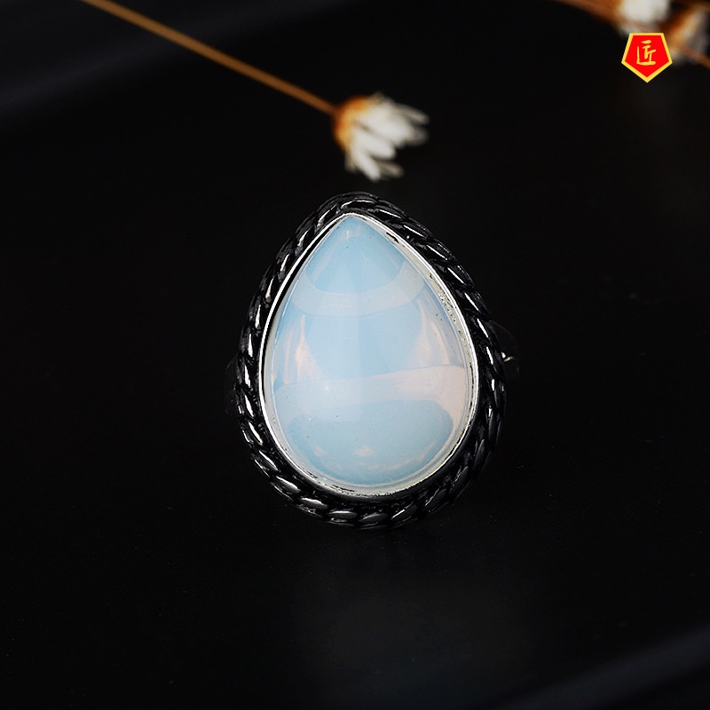 [Ready Stock]Temperament Drop-Shaped Moonstone Ring Exaggerated Punk Style