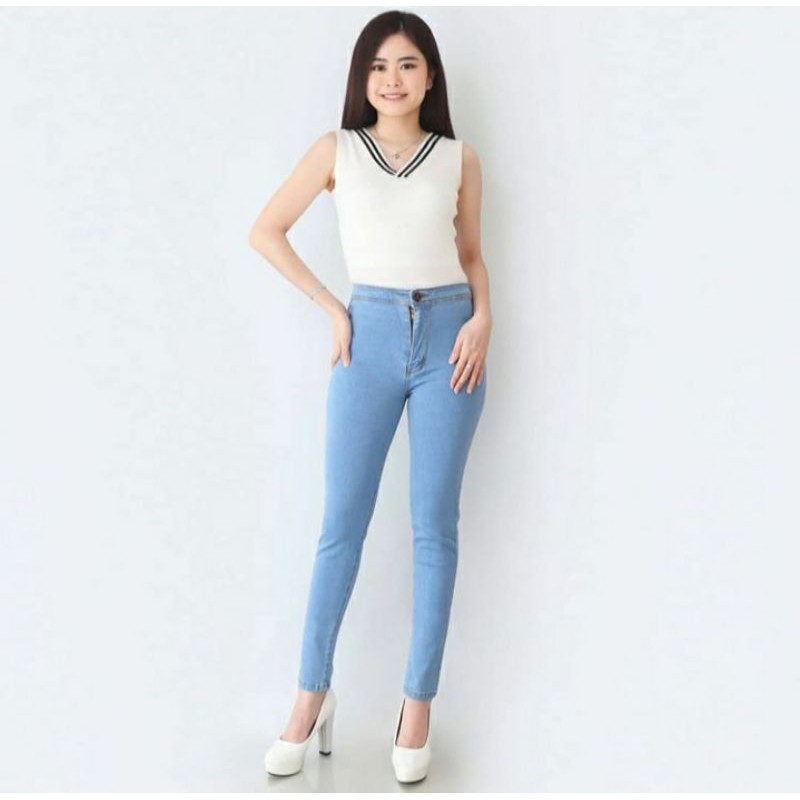  celana  jeans  panjang casual wanita model high  waist  dengan 