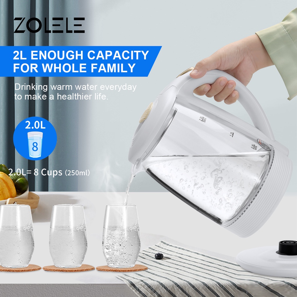 ZOLELE Kettle Listrik 2L Electric Water Heaters Tea Dispenser Pot Air Panas Thermos Kettles Boiling Tahan Pemanas Air Panas Teko Daya Tinggi Anti Panas Isolasi Panas Kettle Listrik ZH101