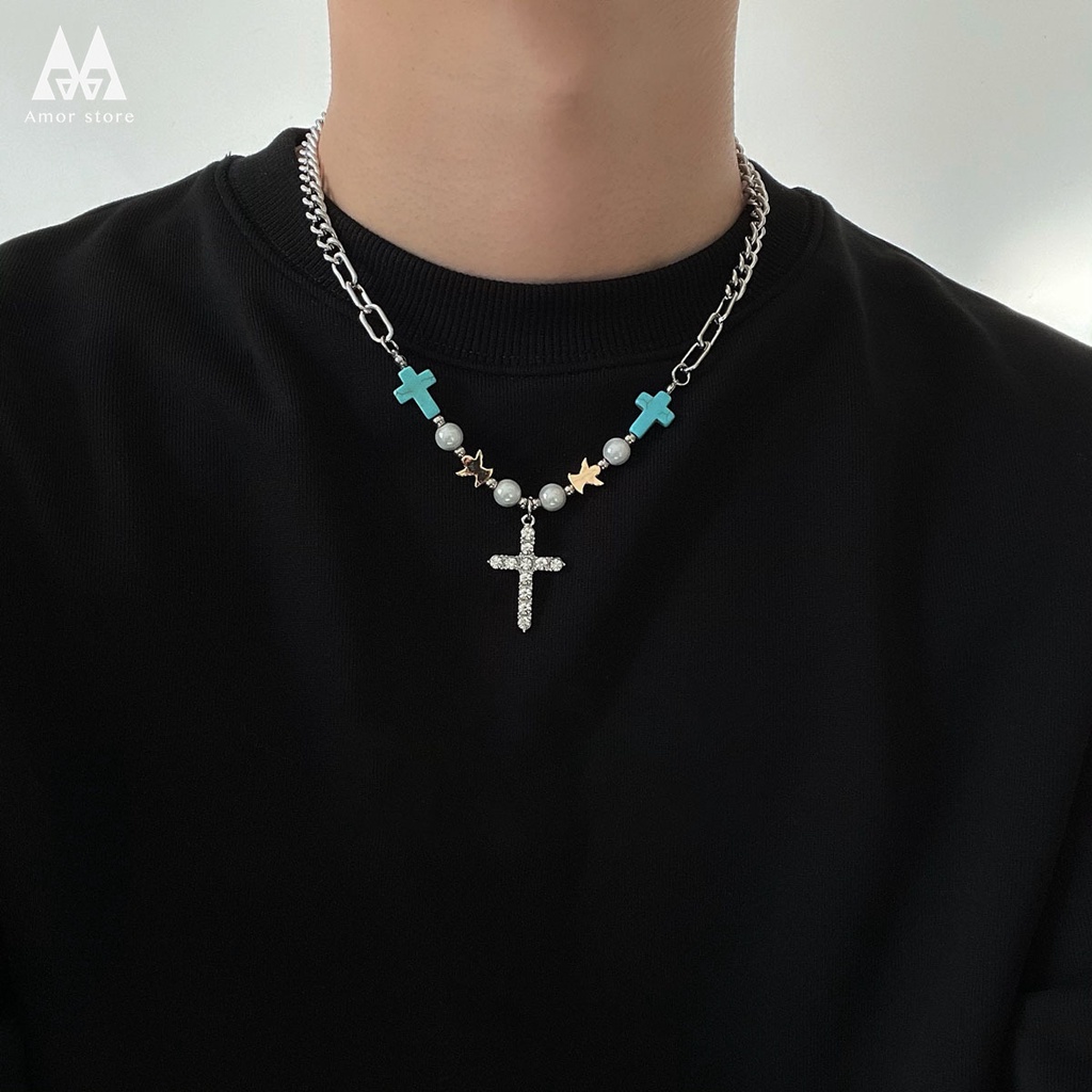 Kalung Rantai Liontin Salib Bahan titanium steel Aksen Manik-Manik turquoise Gaya hip hop Untuk Unisex