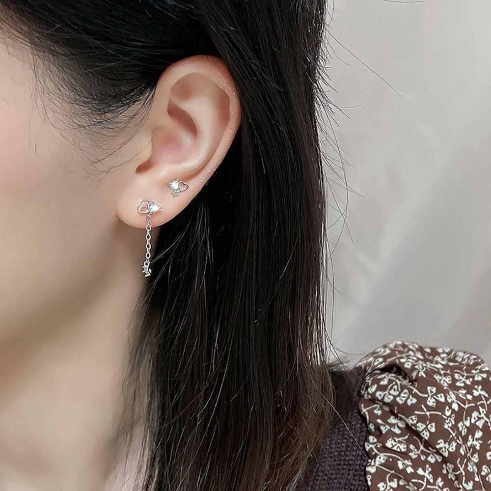 NEEDWAY Cinta Hati Stud Earrings Geometris Halus Fashion Perempuan Gadis Zirkon Asimetris Menjuntai Earrings