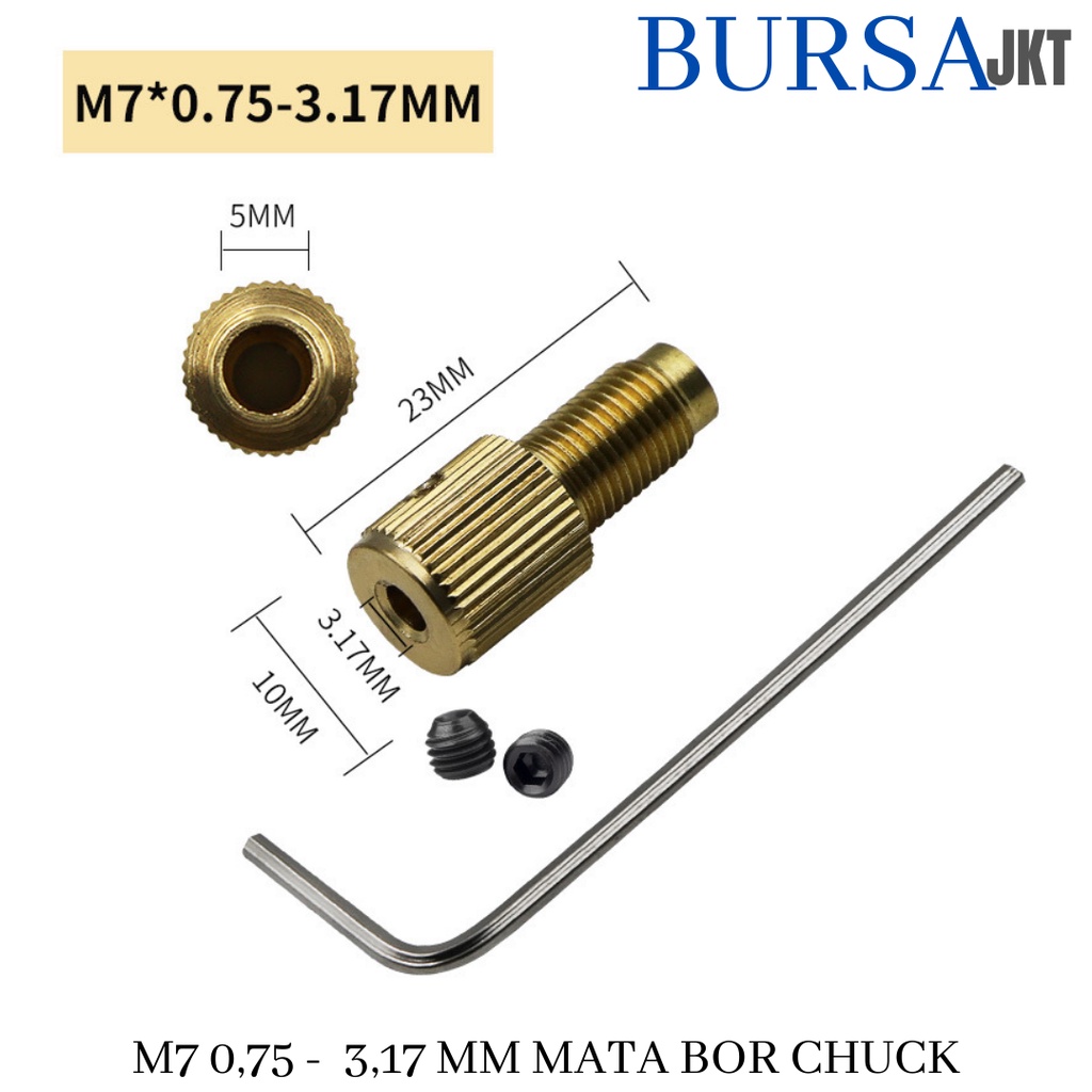 DRILL CHUCK DC MOTOR M7 0.75 - 3.17 MM + BAUT SHAFT + KUNCI HEX ADAPTER KEPALA BOR MINI TUNER