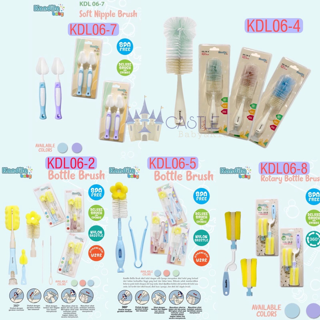 Castle - Kandila Baby Bottle Brush Set - Nipple Brush - Sponge Brush - Pembersih Botol Susu - Sikat BOtol Kandila KDL06-7 / KDL06-4 / KDL06-2 / KDL06-5 / KDL06-8