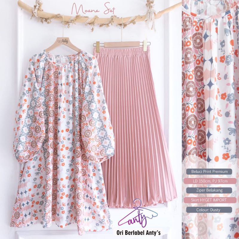 MOANA SET BY ANTY SETELAN WANITA TUNIK OVERSIZE BAHAN BELUCI PRINT PREMIUM LD -/+150 MOTIF BUNGA + S