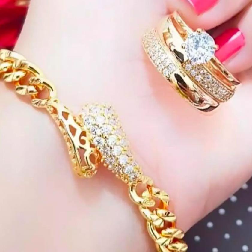 (READY) Gelang Xuping Set Perhiasan Wanita Gelang Rantai Plat Ular Bonus Cincin