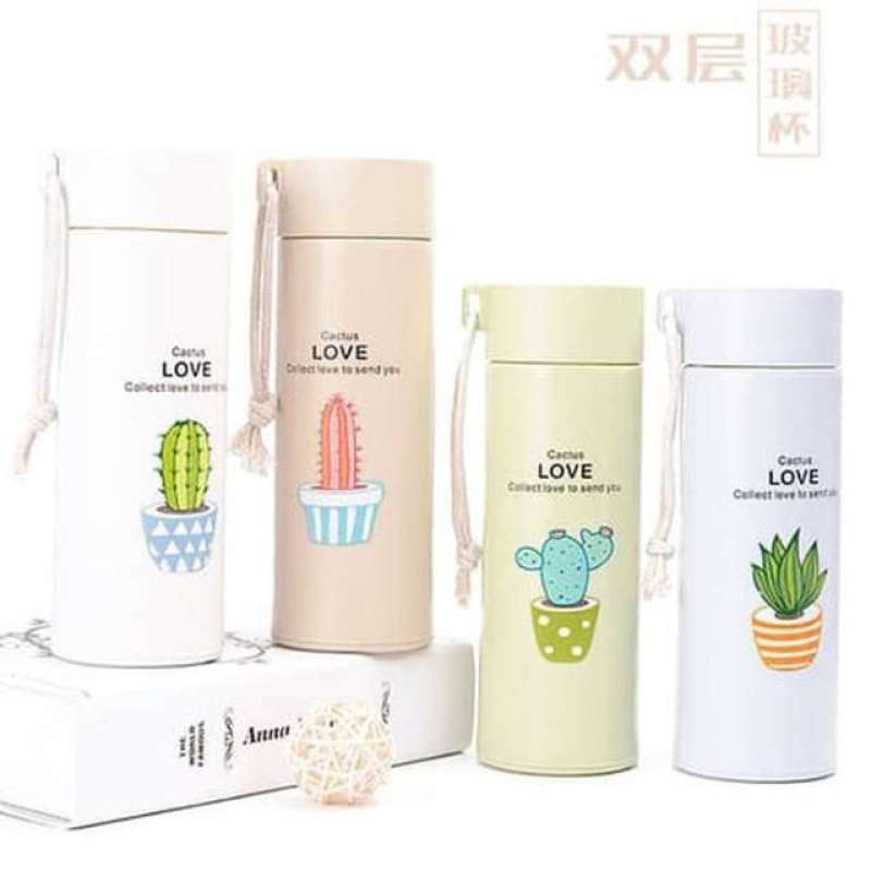 Botol Minum Kaca Motif Kaktus 450ml Termos Karakter Bottle Glass