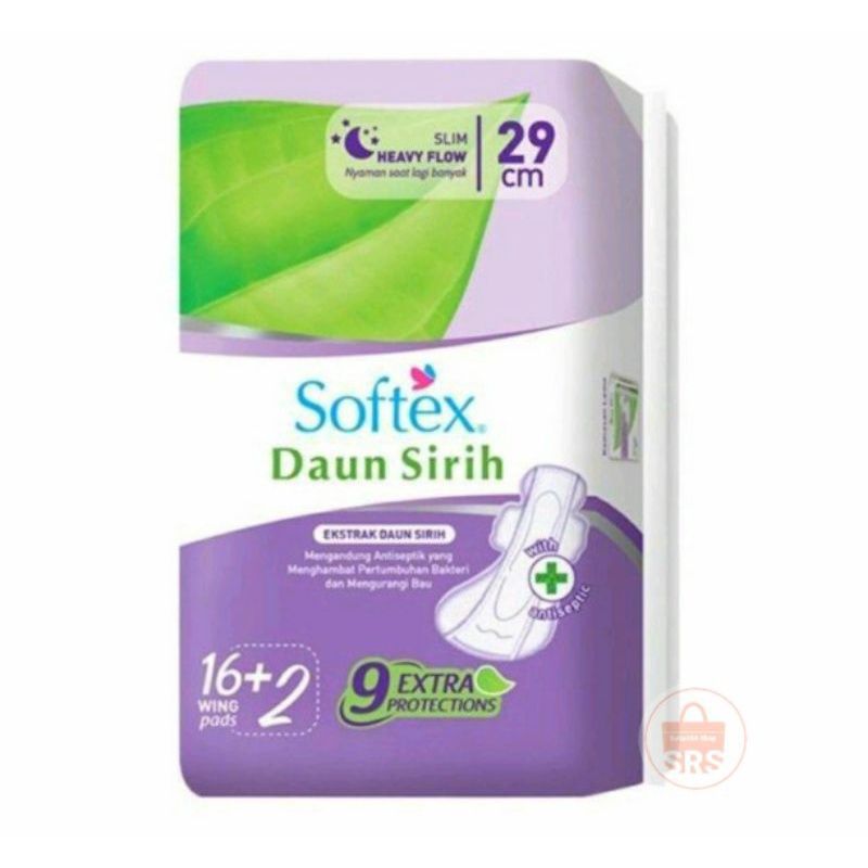 Softex Daun Sirih18 Pad Slim Heavy Flow 36cm + Antiseptic / Pembalut Wanita Ekstrak Daun Sirih 18 Pad