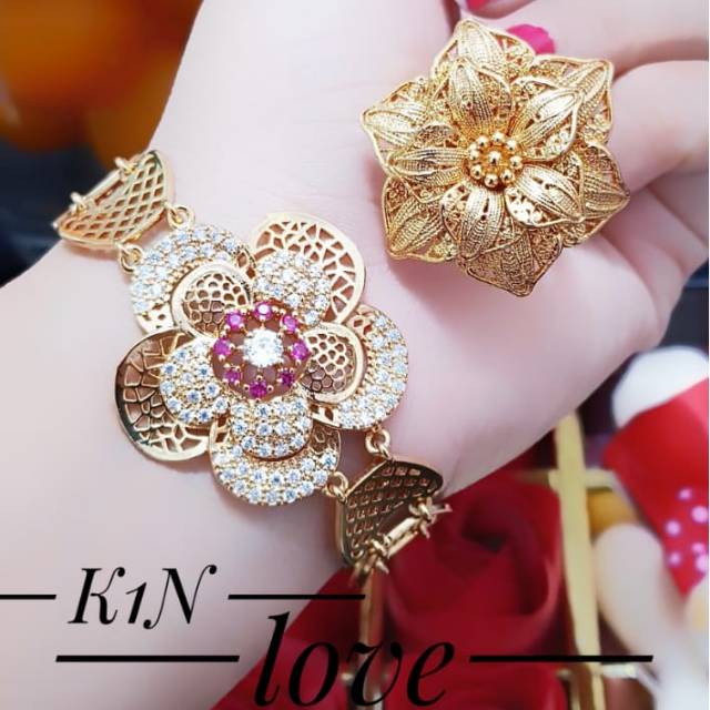 Xuping set perhiasan gelang cincin mawar lapis emas 24k 1011
