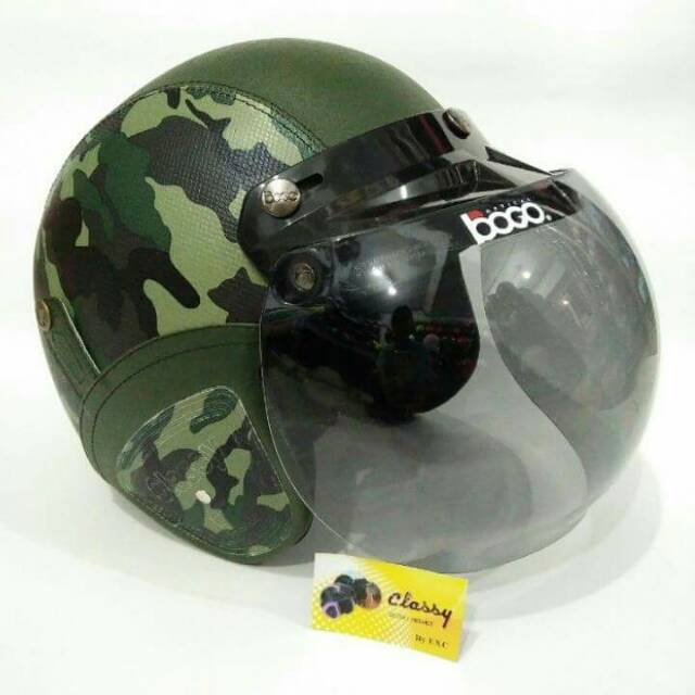 Helm Retro Bogo Kulit SNI Loreng Lumut Kaca Bogo ASLI