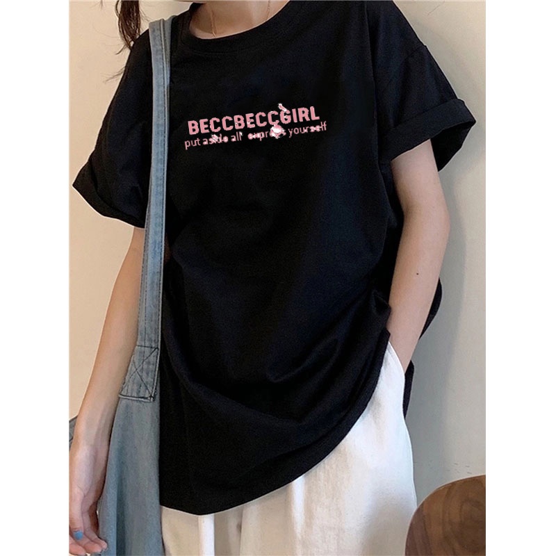 EUNII T-shirt Lengan Pendek Cetakan Stroberi Longgar Korean Style/Kaos Atasan Wanita/Baju Kaus Oversize Wanita