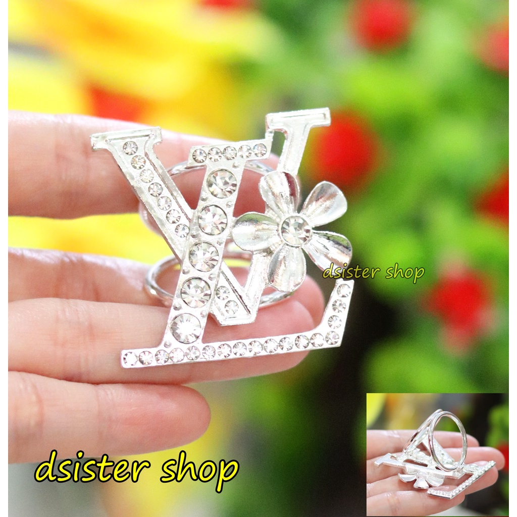 Bros Cincin Part 1 Ring Hiasan Aksesoris Syal Hijab HURUF Permata Hitam Putih-L Silver 1 Bunga