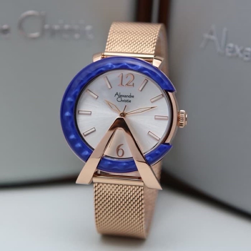 JAM TANGAN WANITA ALEXANDRE CHRISTIE AC 2806 / AC2806 ROSEGOLD BLUE TALI PASIR ORIGINAL